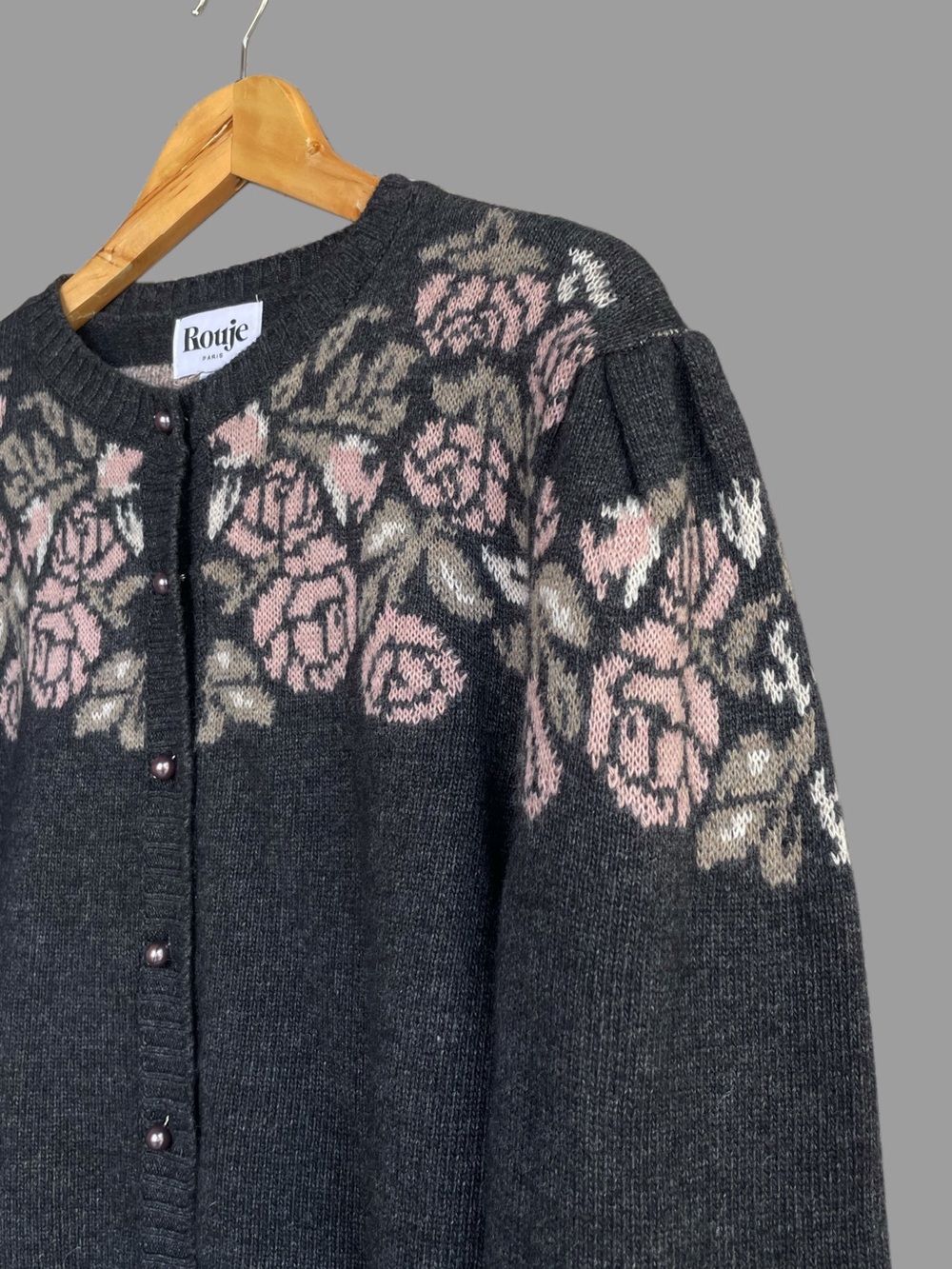 ROUJE Gray & Pink Floral Wool Cashmere Retro Robert Puff Sleeve Cardigan Sweater - Picture 11 of 13
